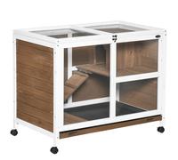 Cage à lapin sur roulettes - PawHut - en bois massif - 2 étages - toit ouvrant - plates-formes - marron
