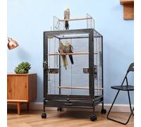 Cage à Oiseaux 46×46×77cm Grande Cage à Oiseaux en métal Palette Amovible avec Barre de Support et boîte à Nourriture, Mobile avec Roues,Noir-B