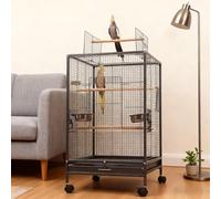 Cage à Oiseaux 46×46×77cm Grande Cage à Oiseaux en métal Palette Amovible avec Barre de Support et boîte à Nourriture, Mobile avec Roues,Noir-A