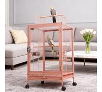 Cage à Oiseaux 46×46×77cm Grande Cage à Oiseaux en métal Palette Amovible avec Barre de Support et boîte à Nourriture, Mobile avec Roues,Rose-C