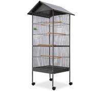 Cage À Oiseaux Aériens En Acier Avec Toit Roulettes & Plateaux De Nourriture Noir 66x66x155cm