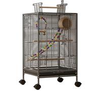 Cage à Oiseaux en Métal avec Support à roulettes et Distributeur d'eau, Voliere Exterieur pour Perruches, Inséparables, Perroquets et Pinsons, Noire