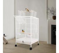 Cage à oiseaux en métal - Cage à perroquets - Ouverture vers le haut - Cage avec roues, gamelle et plateau - Pour perroquets, moineaux et divers oiseaux de petite ou moyenne taille (blanc)