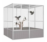Cage à oiseaux grise en acier galvanisé 213,5 x 217,5 x 211,5 cm avec volière, support, siège libre et aire de jeu pour perruches, canaris, perroquets, perruches, balcon et jardin