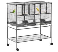 PawHut Cage à oiseaux 95 x 45,5 x 102 cm avec séparation, mangeoire et perchoir Noir et gris