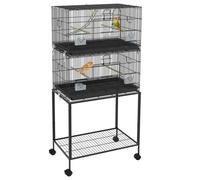 Cage à oiseaux - PawHut - sur pied volière double mangeoires perchoirs plateau roulettes - acier - 77x46x164cm - noir