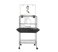 Cage à Oiseaux spacieuse en Fer forgé avec Support Roulant, Toit de Jeu Ouvert, Station d’Alimentation, bac extractible, perchoir et balançoire, volière Noire Robuste pour perruches, calopsittes