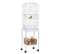Pawhut Cage à oiseaux sur pied – Volière sur roulettes, toit ouvrant, 3 perchoirs, 46,5 x 36 x 157 cm