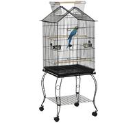 Cage À Oiseaux Sur Pied Volière Avec 2 Mangeoires Perchoirs Plateau Amovible Poignée Et Roulettes - 50 X 58 X 137-145 Cm Noir