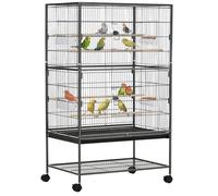 Cage à oiseaux sur pied - volière oiseaux intérieur - PawHut - 4 perchoirs en bois et mangeoires, 6 portes, plateau - gris foncé