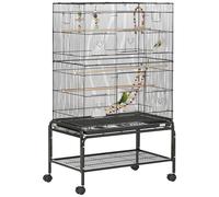 Cage À Oiseaux Sur Roulettes - Étagère, Plateau Déjection, 3 Perchoirs, 4 Mangeoirs, 2 Portes, 8 Trappes, Accessoires - Acier Noir