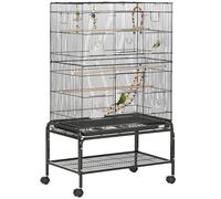 Cage à Oiseaux sur Support à roulettes 79 x 49 x 133 cm Plateau Amovible et étagère Style Moderne épuré en Acier Noir 21_0007580