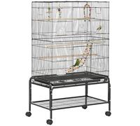 Cage à Oiseaux sur Support à roulettes 79 x 49 x 133 cm Plateau Amovible et étagère Style Moderne épuré en Acier Noir 21_0007580