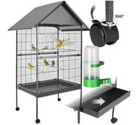 Cage à oiseaux - TECTAKE - Volière à roulettes BUBI en acier avec 1 mangeoire et 4 perchoirs, 85 x 60 x 168 cm - Gris anthracite