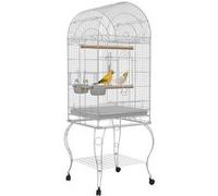 PawHut Cage à Oiseaux sur roulettes avec étagère, Grille et Plateau Amovible 2 Bols en Acier Inoxydable, perchoir pour perruches 51 x 51 x 153 cm Blanc