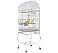 Cage À Oiseaux Volière Sur Roulettes - Étagère, Grille, Plateau Amovible, 2 Bols Acier Inox, Perchoir - Acier Blanc