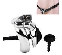 Cage à pénis avec ceinture en cuir et cathéter urétral Cage de chasteté plate avec serrure invisible et age à pénis respirante Jouet sexuel pour les hommes BDSM (Black,50mm)