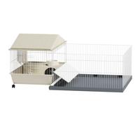 PawHut Cage Cochon d'Inde, Cage pour Petits Animaux avec Parc Amovible Tapis imperméable, Balcon, Bol d'alimentation, Rampe à Couverture Souple, 4 Roues, pour Cochon d'Inde, hérisson Beige