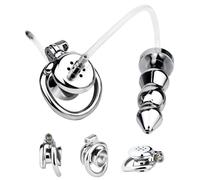 Cage de Chasteté en Acier Inoxydable avec Plug Anal pour Hommes - Jouet Adulte Double Usage pour Couples, Kit de Lavement Compatible Douche, Set Bondage Anneaux de Chasteté (silvery+anal plug,55mm)