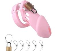 Cage de chasteté pour hommes, cage à coq en silicone souple, ceinture de chasteté, jouet sexuel avec 5 anneaux péniens, pénis pour hommes (rose)