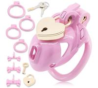 Cage de chasteté réglable Dual-Lock pour hommes, cage à pénis Hollow Urethra Design avec 4 anneaux de taille, cage à testicules Bondage adulte Jouet sexuel (Pink,M)