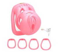Cage de chasteté rose pour homme avec 4 cockrings Cage à pénis imprimée en 3D Jouets sexuels SM Fétiche Bondage Set Respirant Cage à pénis Sissy pour hommes (L)