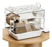 Cage de pour petits animaux - Suite entièrement équipée à plusieurs niveaux, accents en bois moderne, 370 mm x 280 mm x 330 mm + roue d'exercice en polymère rigide - pour activités hérisson et