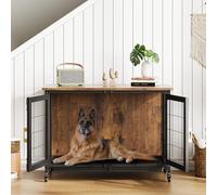 Cage de Transport en Bois 88 cm - Meuble- Niche Design Rustique pour Petit/Moyen/Grand Chien, Lourd Box Indoor avec Roues Verrouillables & Tiroir Ramassage, Table d’appoint Kennel