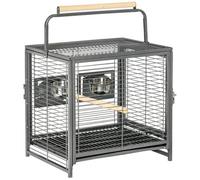 PawHut Cage de transport pour perroquets – 2 bols inox, 2 perchoirs bois, plateau amovible – Noir