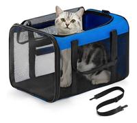 Cage de transport pour chat conforme aux normes du transport aérien pliable bleue.