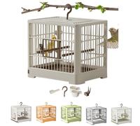 Cage de transport pour petits oiseaux, portable, légère, avec perche sur pied, pour perroquets, perruches, calopsittes, inséparables, plateau amovible et poignée à crochet (blanc et marron)