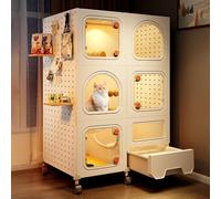 Cage d'intérieur multifonction pour chat avec litière intégrée, maison pour chat et cabine, enclos pour animaux de compagnie avec verrous à bouton et panneau perforé pour décoration