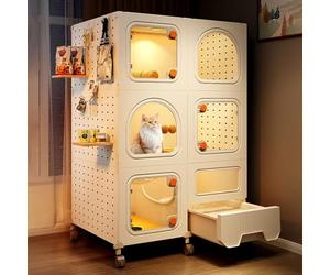 Cage d'intérieur multifonction pour chat avec litière intégrée, maison pour chat et cabine, enclos pour animaux de compagnie avec verrous à bouton et panneau perforé pour décoration