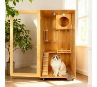 Cage en Bois for Grand Chat Style Villa avec Plusieurs Zones De Divertissement Échelle Et Support for Les Pattes sur roulettes Aérations Latérales Vue Panoramique Transparente