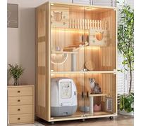 Cage for Chat D'intérieur, Maisonnette À roulettes et Porte Vitrée, Enclos en Bois for Chats, Grande Villa for Chats avec Espace Libre, Design Ventilé, Facile À Nettoyer(Natural,65x180cm/25.5x70.8in)