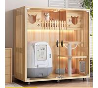 Cage for Chat D'intérieur, Maisonnette À roulettes et Porte Vitrée, Enclos en Bois for Chats, Grande Villa for Chats avec Espace Libre, Design Ventilé, Facile À Nettoyer(Natural,70x120cm/27.5x47.2in)