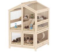 Cage hamster - PawHut - 3 étages, bac amovible, bascule, bouteille d'eau, cabane, couvercle ouvrant - bois - 68x61,5x90cm - naturel