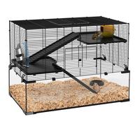 PawHut Cage Hamster, Cage Rongeur, 3 Niveaux avec Roue, rampes, maisonnette, Abreuvoir, mangeoire, 76,5L x 48,5l x 54,5H cm, Noir