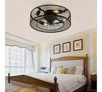 Cage Lampe Ventilateur Plafond Industrielle Retro Embarqué Ventilateur Plafond Avec Lumière Cadre En Fer Noir E27 Ampoule Prise Ventilateur Petit Plafond DC Moteur Réversible Fonction été/Hiver