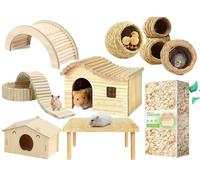 Cage moderne pour hamster en pin pour petits animaux, pour la maison, les jeux et la formation de paysages dans la boîte pour enfants, contient 6 pièces de maison, table, clôture, nid d'oiseaux, pont