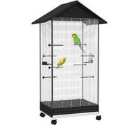 Pawhut Cage oiseau sur pied, volière sur roulettes, 2 mangeoires, 8 perchoirs, noir