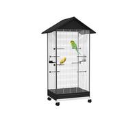 Cage oiseau sur roulettes - grande volière - plateau dejection amovible, mangeoires, perchoirs, portes - blanc noir