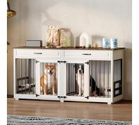 Cage pour 2 Chien Interieur 2 Portes et 2 tiroirs Niche pour Chien en MDF et métal Cage de Transport pour Animal Domestique Respirante Niche d'intérieur pour Moyenne 164x70x80cm Couleurs Blanc&Marron
