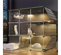 Cage pour chat d'intérieur avec bac à litière, panneau transparent, niche pour animaux domestiques, enclos pour chat avec plateformes, toilettes séparées pour chats