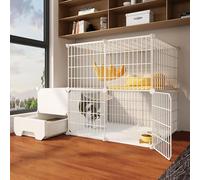 Cage pour chat d'intérieur, clôture métallique à monter soi-même, avec bac à litière, pour 1 à 2 chats, furet, chinchilla, lapin (couleur unique A)