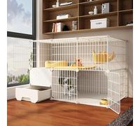 Cage pour chat d'intérieur, clôture métallique à monter soi-même, avec bac à litière, pour 1 à 2 chats, furet, chinchilla, lapin (couleur unique, 111 x 49 x 75 cm)