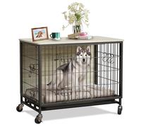 Cage pour chien de taille moyenne, 82,5 cm (L) x 55,9 cm (l) x 64,5 cm (H), cage d'intérieur pour animaux de compagnie avec double portes, plateau amovible et roues à 360°, niche pour comptoir en bois