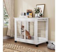 Cage pour Chien Meuble en Bois Blanc avec roulettes verrouillables, 80x56x69.5 cm, Double Porte + Toit à charnière, Caisse pour Chien intérieur, Niche Maison pour Chien Moyen (Blanc)