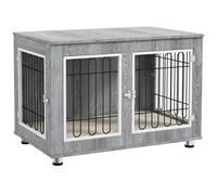 Cage Pour Chien Sur Pied - 2 Portes Verrouillables, Coussin Déhoussable Inclus - Acier Filaire Noir Panneaux Aspect Bois Gris