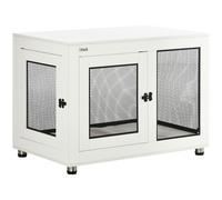 Cage Pour Chien Sur Pied Style Industriel - 2 Portes Verrouillables, Coussin Inclus - Acier Maillé Noir Panneaux Aspect Bois Blanc